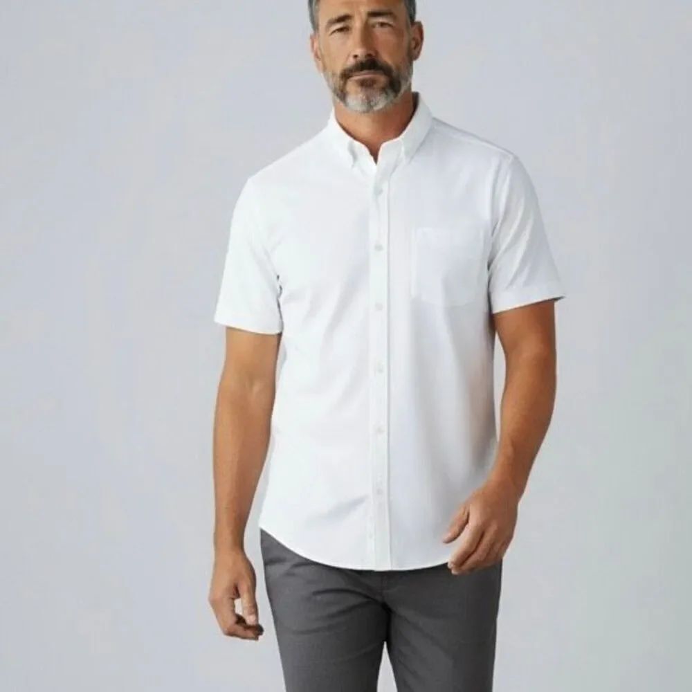 Cutter & Buck White Pique Knit Short Sleeve Button Down Shirt L Preppy Luxury
